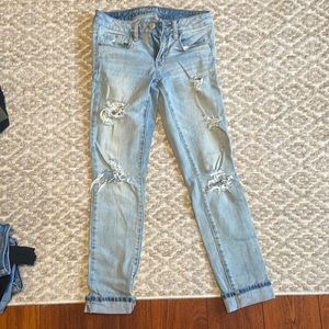 American eagle ripped jeans, skinny style but not tight around the ankles.